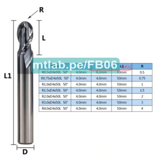 Fresa de bola de carburo de tungsteno. Radio 1.5mm, 4mm diámetro de vástago/mango y 50mm largo total de la fresa, 2 hilos