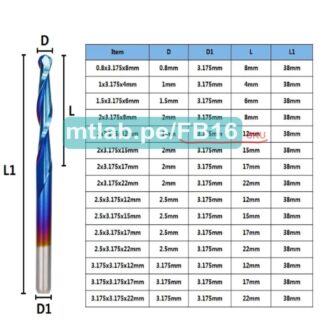 Fresa de bola de acero de tungsteno. Diámetro de bola 1.5mm, diámetro de vástago/mango 3.175mm, largo de filo 6mm, largo total 38mm, 2 hilos