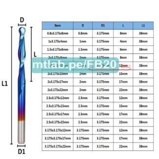 Fresa de bola de acero de tungsteno. Diámetro de bola 2.5mm, diámetro de vástago/mango 3.175mm, largo de fijo 12mm, largo total 38mm, 2 hilos