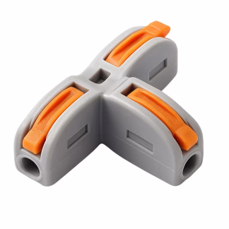 Conector rápido tipo T NV-T11, carcasa gris en PA y palancas naranjas, vista isométrica