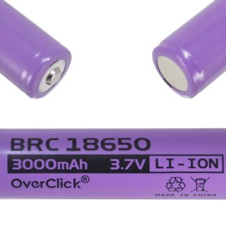 Batería Li-Ion 18650 3.7V 3000mAh color lila marca OverClick, polo positivo tipo botón y polo negativo plano