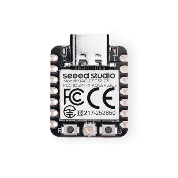 Tarjeta de desarrollo XIAO ESP32 C5 con Wi-Fi 6 dual-band, dimensiones 21×17.8mm y conector U.FL